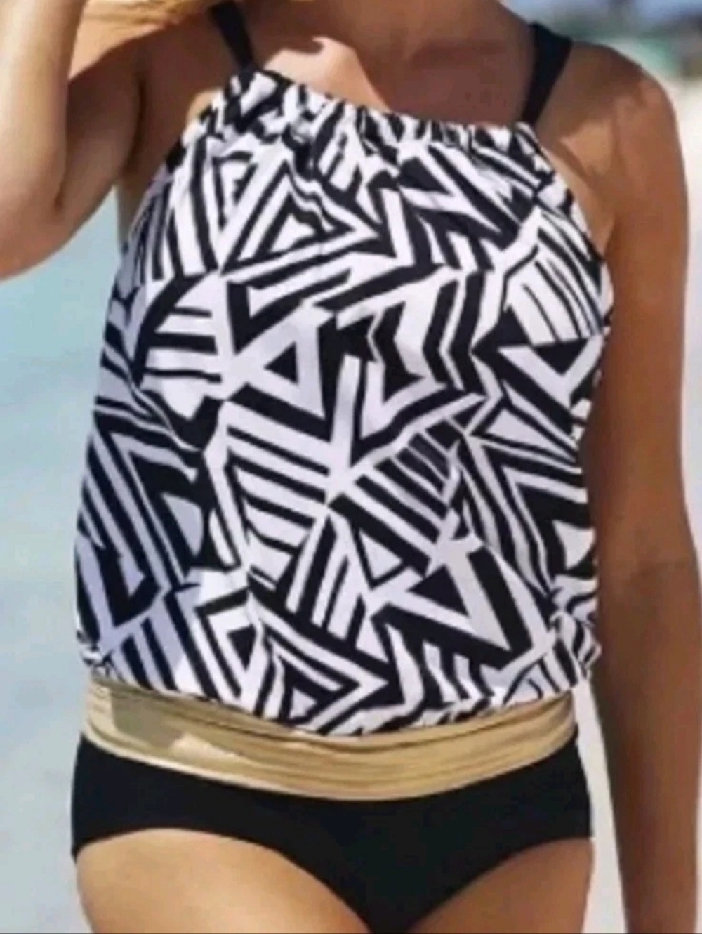 Tropiculture Swimsuits For All Blouson One Piece Black/White Print Gold Waist 14
